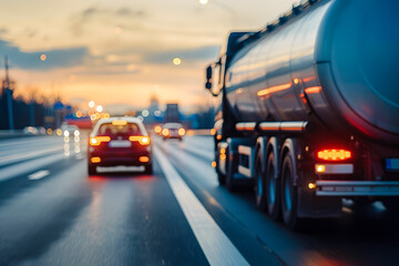 Fototapeta premium Trafic sur l'autoroute, voitures et camion citerne