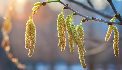 Fototapeta premium Walnut earrings on a branch in early spring.