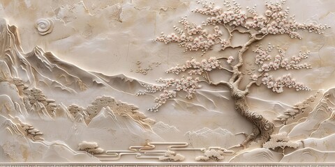 Beautiful sakura tree and mountain 3d relief wallpaper. Mural wallpaper. Wall art. AI generated illustration.