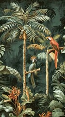 Illustration of tropical wallpaper print design with palm banana leaves and exotic birds on canvas texture. Tropical plants and birds on textured background. AI generated illustration