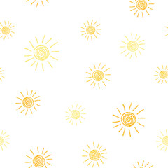 Sunny doodle seamless pattern. Funny kids drawing crayon chalk pencil texture. Summer happy child sun background. Sunshine cute abstract illustration