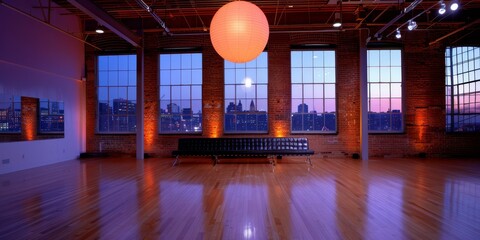 Modern dance studio with brick walls, hardwood floors and large windows. AI.