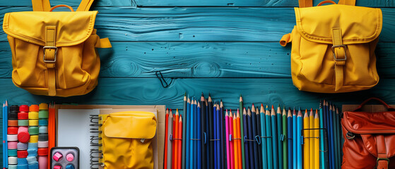Back to school donation drive concept. A yellow backpack is filled with school supplies. The backpack is placed on a blue background. Concept of preparation and