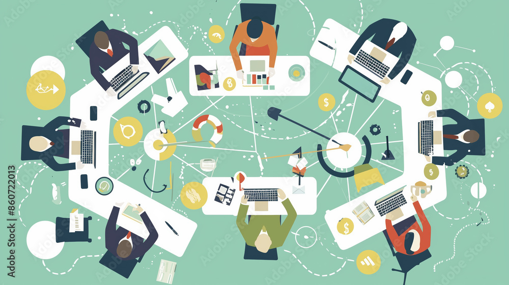 Poster a group of people are sitting around a table with a lot of technology and paperwork. scene is busy a