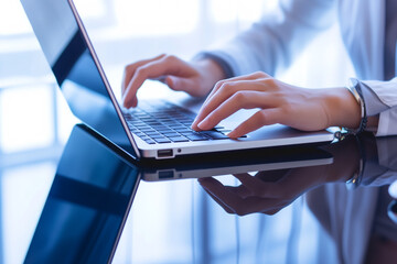 A person is typing on a laptop computer. Concept of productivity and focus, as the person is engaged in a task that requires concentration. The laptop screen is the main focus of the image