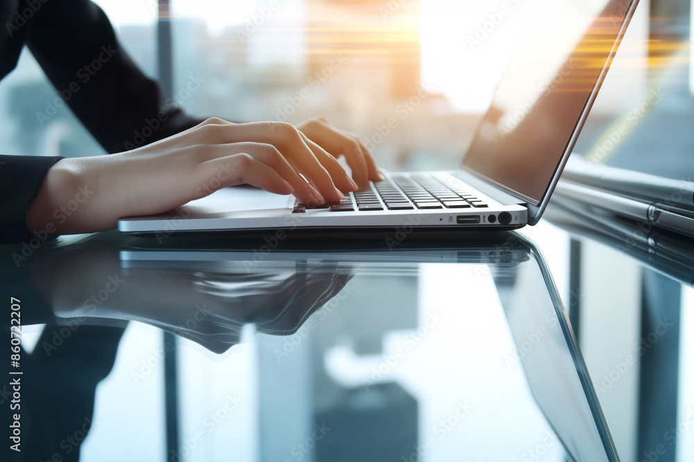 Poster a person is typing on a laptop computer. concept of productivity and focus, as the person is engaged