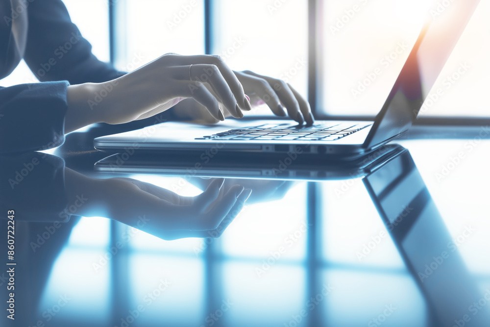 Poster a person is typing on a laptop computer. concept of productivity and focus, as the person is engaged