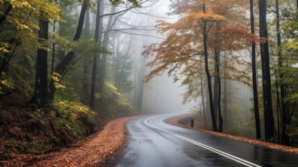 Naklejka premium Solitary path in misty forest.