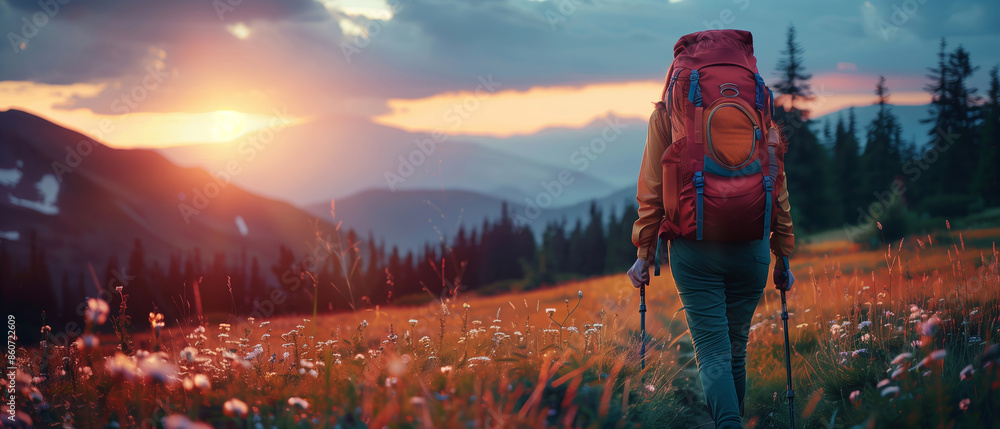 Poster a woman is walking through a field of flowers with a red backpack on. the sun is setting in the back