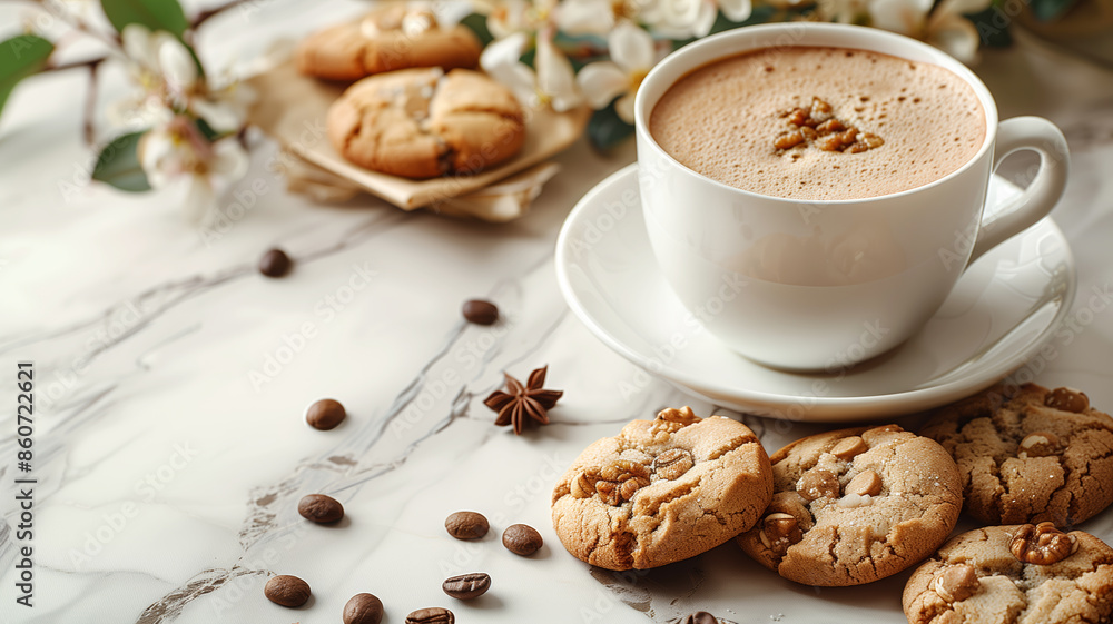 Poster A white coffee cup with a heart design sits on a white saucer next to a plate of cookies. The scene is set on a marble countertop with a vase of pink flowers in the background