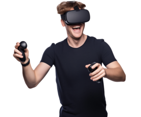 A man wearing a black shirt is wearing a virtual reality headset and is smiling. He is holding his hands up in the air, as if he is playing a game. isolated on transparent background