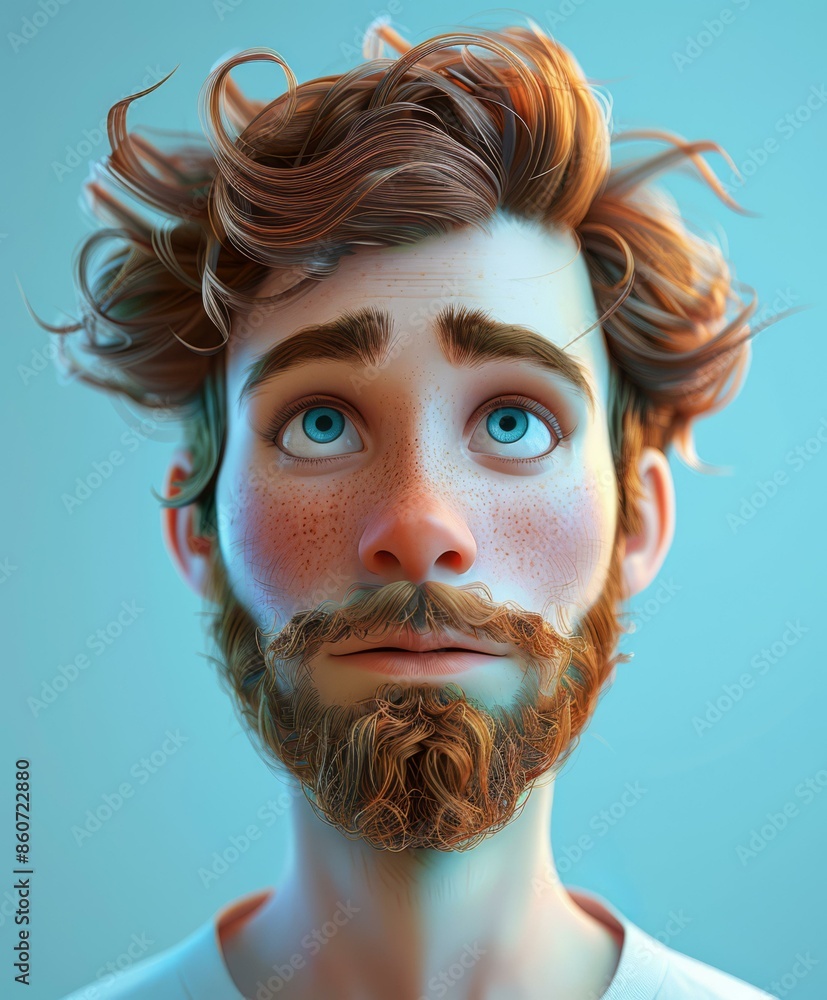 Poster 3d rendering of a man with a beard and blue eyes looking upwards with a surprised expression on his 