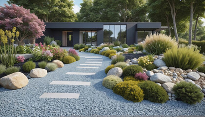 Obraz premium Aménagement d'un jardin minéral devant la maison moderne, avec bordure, galets, allée en graviers et pas japonais