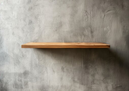 Close up of an empty wooden shelf on a concrete wall. AI.