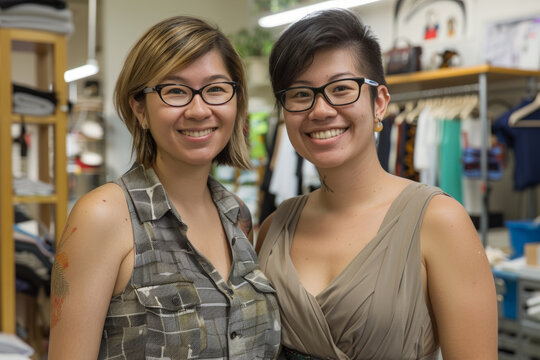 Portrait of a young transgender woman and her non-binary partner who co-own a trendy fashion boutique. 