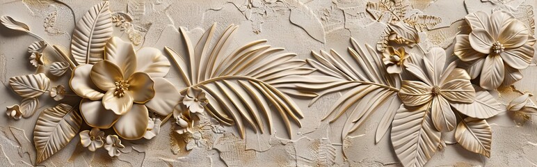 Gold floral plants and palm leaves Wallpaper Mural, 3d illustration, grey background, abstract tropical leaves, banana leaves with 3d lines. AI generated illustration