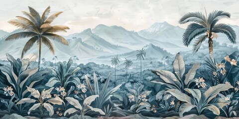 Tropical forest landscape wallpaper design - Mural wallpaper - 3D illustration. AI generated illustration