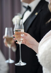 During the toasts, the newlyweds raise champagne glasses. Wedding celebration.