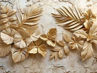 Gold floral plants and palm leaves Wallpaper Mural, 3d illustration, grey background, abstract tropical leaves, banana leaves with 3d lines. AI generated illustration
