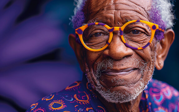 A close-up portrait of an elderly man wearing colorful eyeglasses, with a purple background