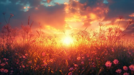 Sunset Over a Field of Flowers