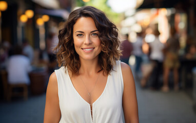 A young woman with curly brown hair smiles at the camera while walking down a city street