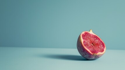 Half of fresh fig fruit on blue background with copy space.