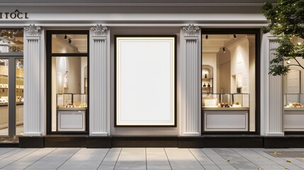 Jewelry store facade with large blank billboard above the entrance, white Corinthian columns, jewelry display case and tree to the right