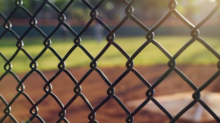 Fototapeta premium Close-up view of a chain-link fence, with a focus on the intricate diamond patterns formed by the interlocking metal wires. In the background