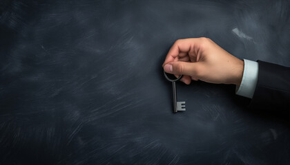 Hand supports the Key to success in business. Composition with blank space on left. rental and purchase of real estate