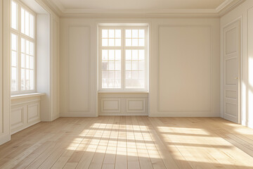 Fototapeta premium Empty bright room with large windows and wooden flooring