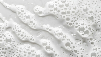 White foam with bubbles on grey background, top view
