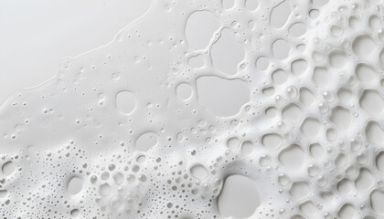 White foam with bubbles on grey background, top view