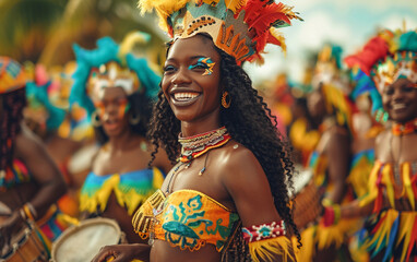 A smiling woman wearing a bright yellow, green, and red costume with feathers dances in a lively carnival parade