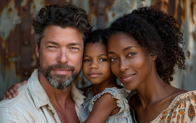 Fototapeta premium A family of three smiles for the camera. The father has dark hair and a beard, the mother has curly black hair, and the young girl is in the center
