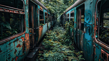 Abandoned rusting decaying graffiti covered train overgrown with vegetation, urban exploration creepy forgotten neglected transportation