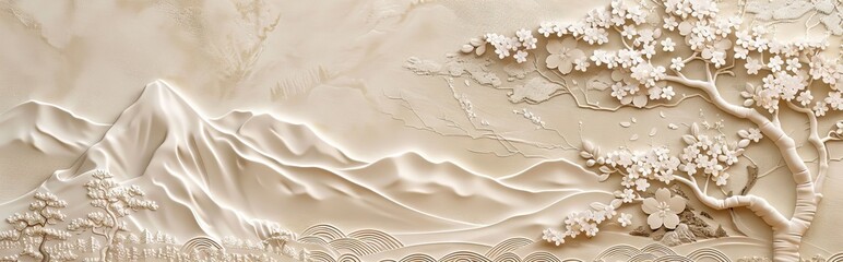 Beautiful sakura tree and mountain 3d relief wallpaper. Mural wallpaper. Wall art. AI generated illustration.
