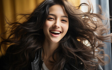 Fototapeta premium A young woman with long dark hair smiles brightly, her hair blowing in the wind. She is wearing a black leather jacket and is standing in front of a window