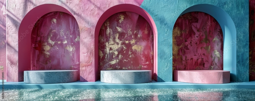 Aufkleber 3d rendering of three colorful round podiums with textured walls and arches