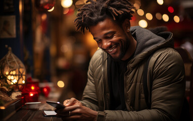 A man with dreadlocks smiles as he uses his smartphone in a dimly lit cafe