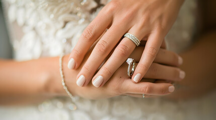 Closeup of bride and grooms hands with wedding rings brides beaded glove in focus : Generative AI