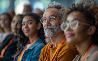 Obraz premium A diverse group of conference attendees, including a man with a gray beard and glasses, listen intently to a speaker