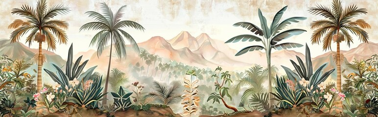 Tropical forest landscape wallpaper design - Mural wallpaper - 3D illustration. AI generated illustration