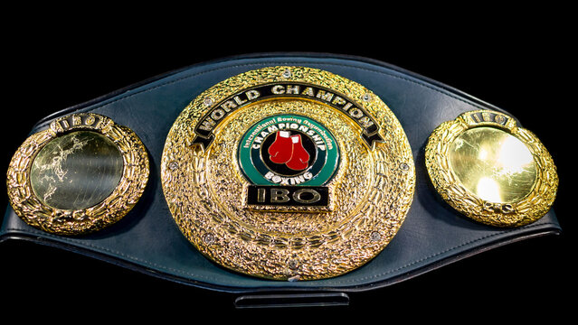 Ukraine. Boxing IBO championship belt. International Boxing Organization. World champion. Exhibition-museum of the Klitschko brothers in Kiev, Klitschkoexpo.
