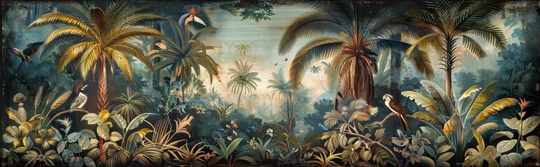 Illustration of tropical wallpaper print design with palm banana leaves and exotic birds on canvas texture. Tropical plants and birds on textured background. AI generated illustration