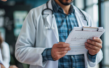 A doctor in a white coat reviews medical forms while standing in a healthcare facility