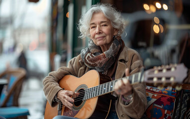 A senior woman sits outside and plays an acoustic guitar on a cloudy day. She wears a brown jacket and a scarf