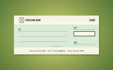 Blank bank check. Checkbook cheque template. Checkbook cheque template with green theme. Money payment voucher or pay cash cheque certificate.
