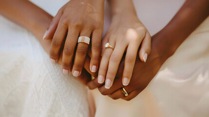 Hands of two young intercultural gay girls showing their wedding rings after getting married while sitting in front of camera : Generative AI