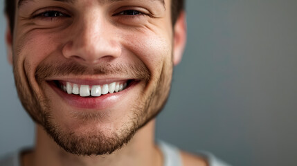 Fototapeta premium A man with a beard and a smile on his face. He is wearing a white shirt. Concept of happiness and positivity